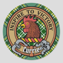 Clan Currie Rooster Crest over Tartan Classic Round Sticker