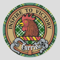 Clan Currie Rooster Crest over Tartan Classic Round Sticker