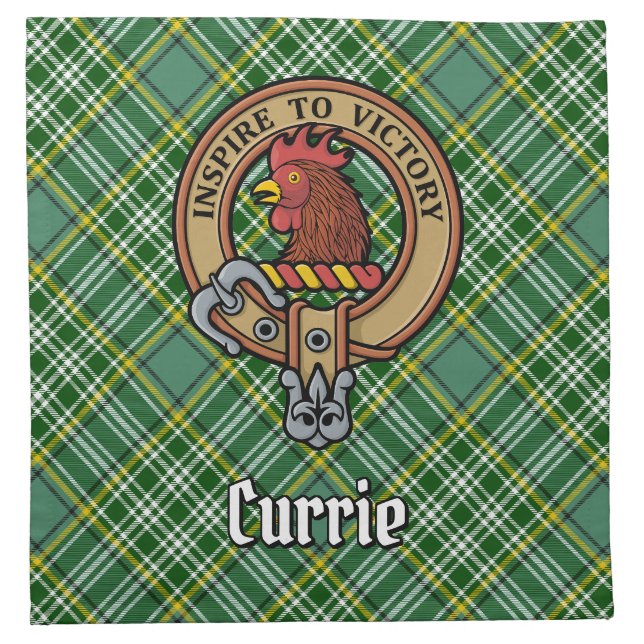 Clan Currie Rooster Crest over Tartan Cloth Napkin (Front)