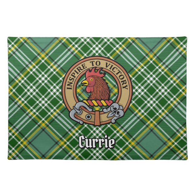 Clan Currie Rooster Crest over Tartan Cloth Placemat (Front)
