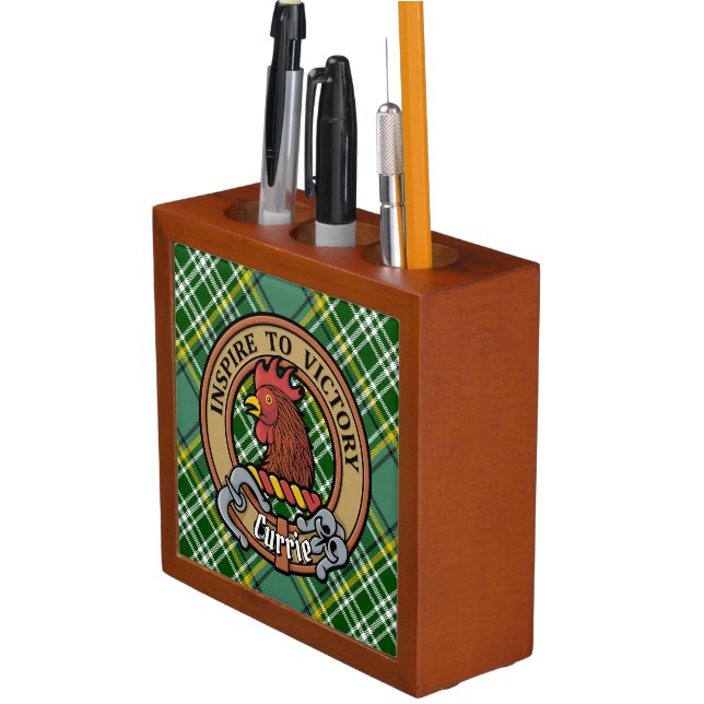 Clan Currie Rooster Crest over Tartan Desk Organizer (In Situ)