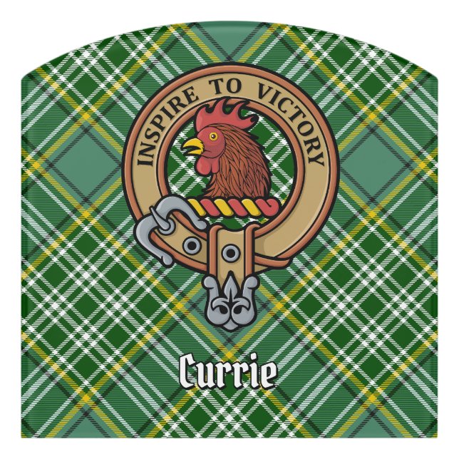 Clan Currie Rooster Crest over Tartan Door Sign (Contour Front)