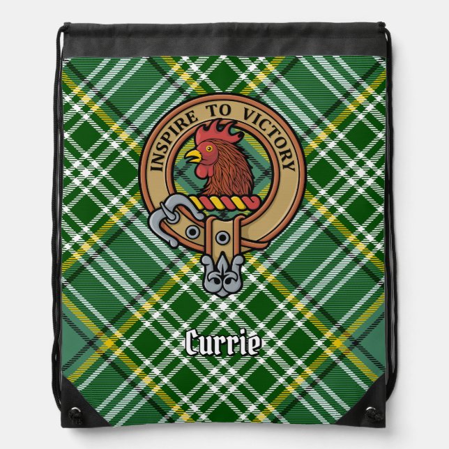 Clan Currie Rooster Crest over Tartan Drawstring Bag (Front)