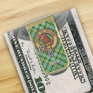 Clan Currie Rooster Crest over Tartan Gold Finish Money Clip