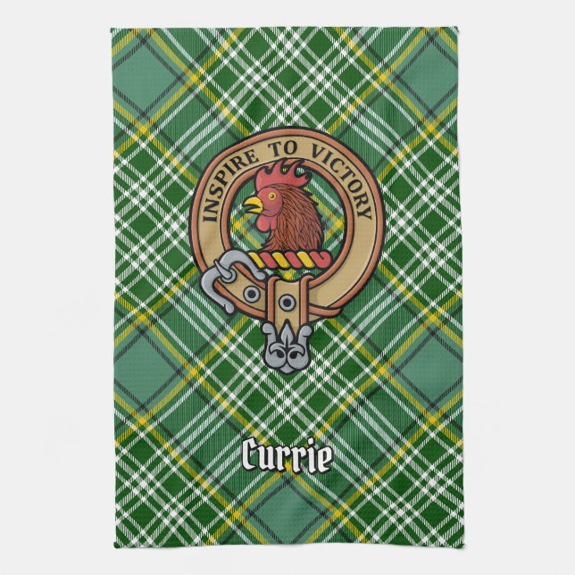 Clan Currie Rooster Crest over Tartan Kitchen Towel (Vertical)