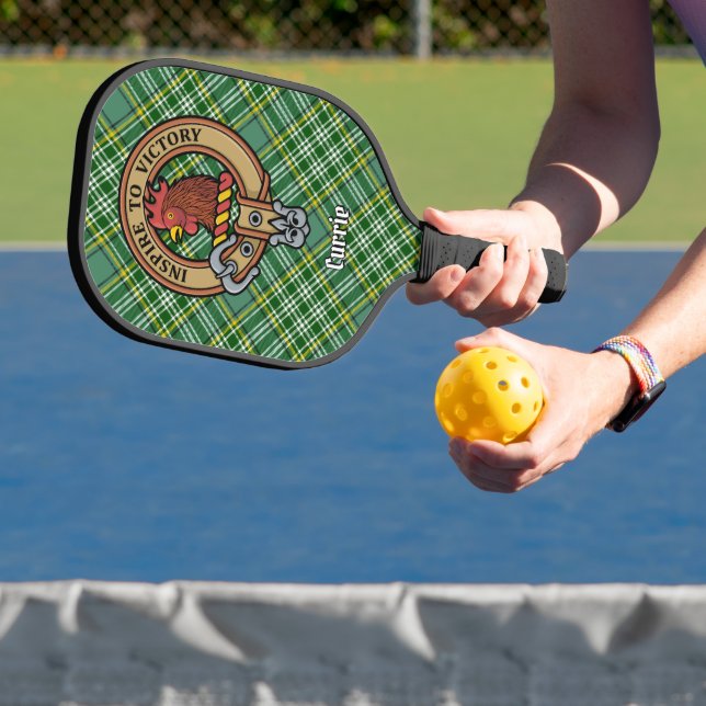 Clan Currie Rooster Crest over Tartan Pickleball Paddle (Insitu)