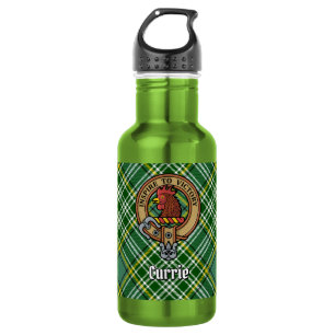 Clan Currie Rooster Crest over Tartan Stainless Steel Water Bottle