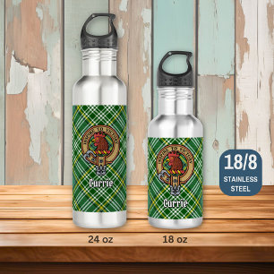 Clan Currie Rooster Crest over Tartan Stainless Steel Water Bottle