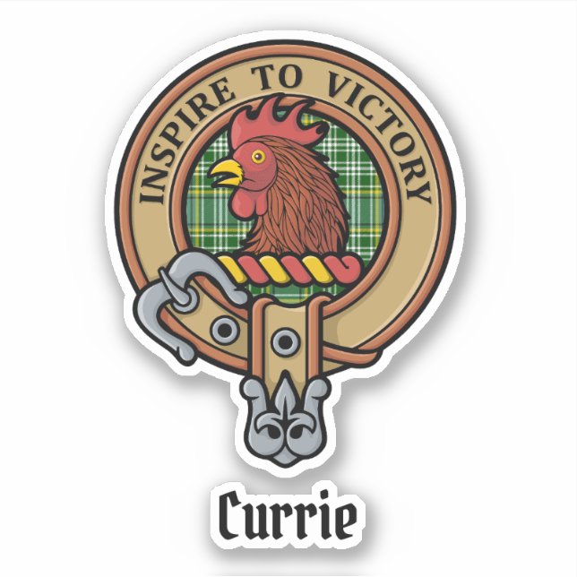 Clan Currie Rooster Crest over Tartan Sticker (Front)