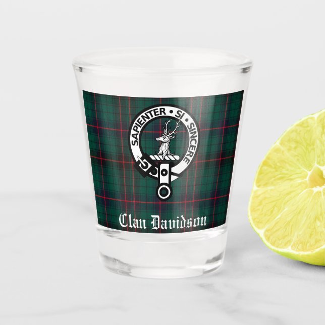 Clan Davidson Crest Badge and Tartan Customizable  Shot Glass (Front)