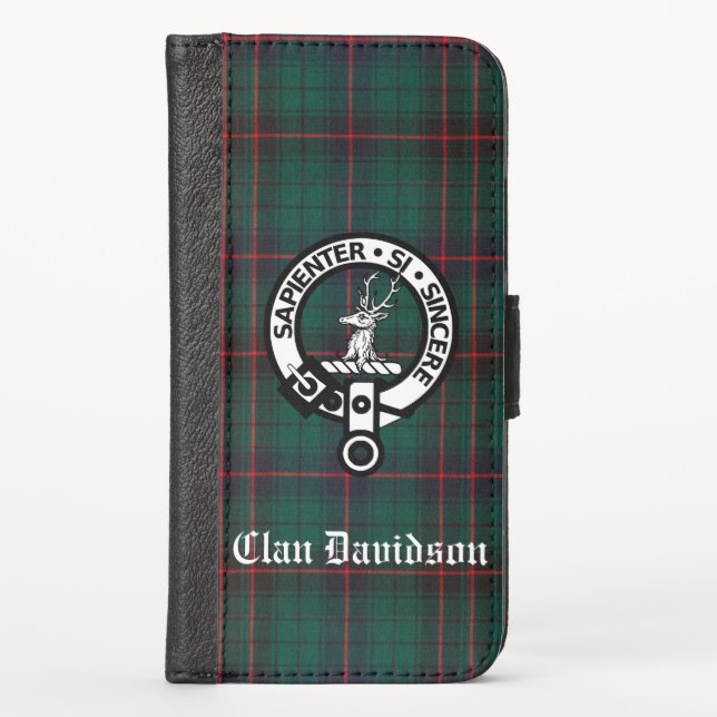 Clan Davidson Crest Badge and Tartan iPhone Wallet Case (Front)
