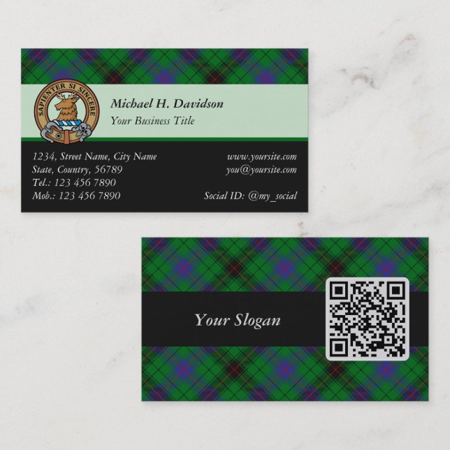 Clan Davidson Crest over Tartan Business Card (Front/Back)