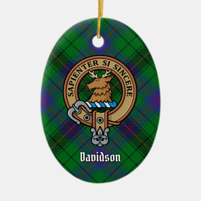 Clan Davidson Crest over Tartan Ceramic Ornament (Front)