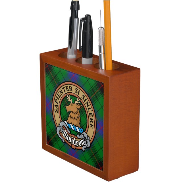 Clan Davidson Crest over Tartan Desk Organizer (In Situ)