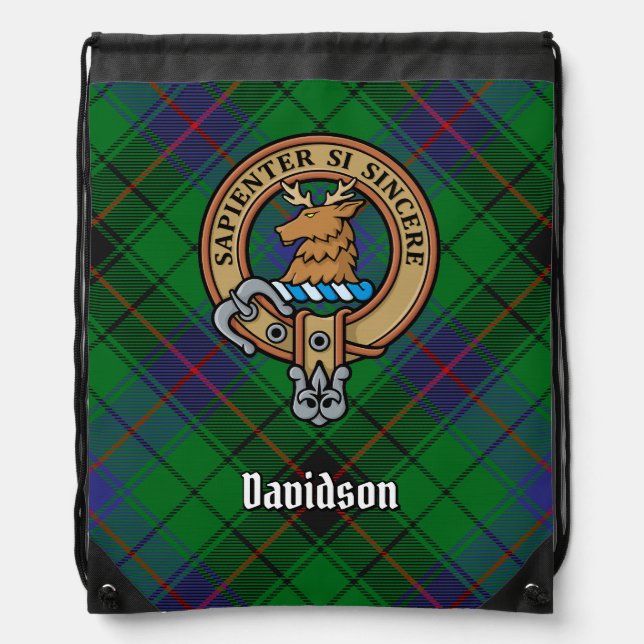 Clan Davidson Crest over Tartan Drawstring Bag (Front)