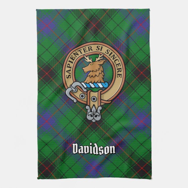 Clan Davidson Crest over Tartan Kitchen Towel (Vertical)