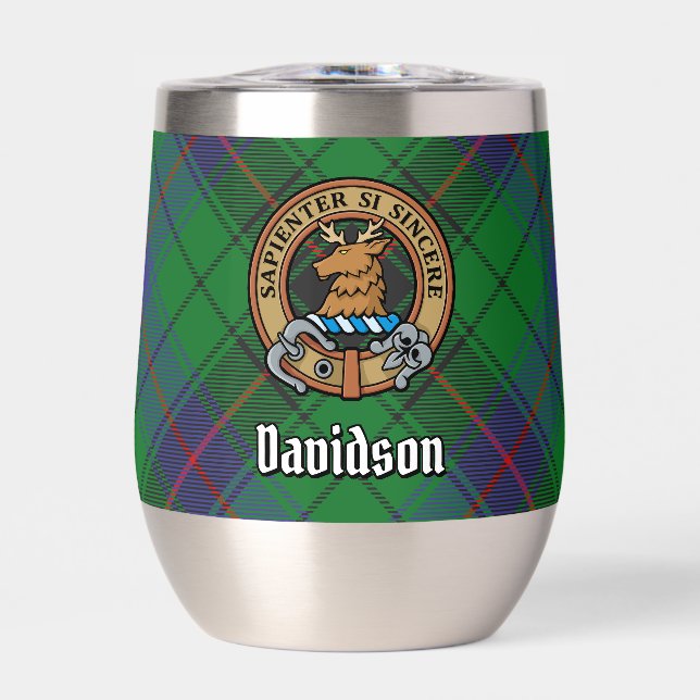 Clan Davidson Crest over Tartan Thermal Wine Tumbler (Front)