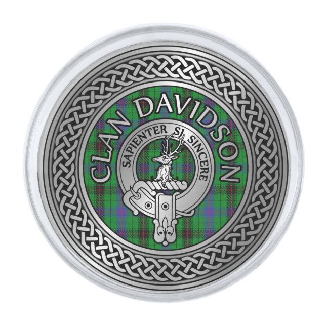 Clan Davidson Crest & Tartan Knot Silver Finish Lapel Pin (Front)