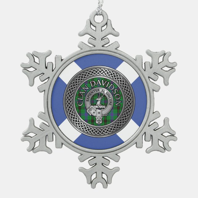Clan Davidson Crest & Tartan Knot Snowflake Pewter Christmas Ornament (Front)