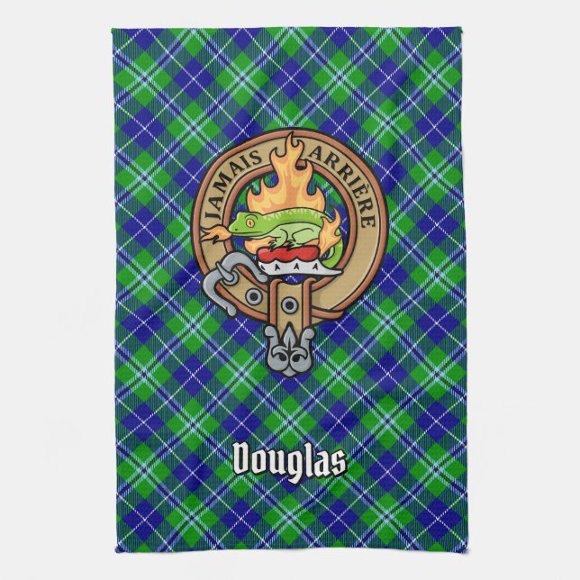 Clan Douglas Crest over Tartan Kitchen Towel (Vertical)