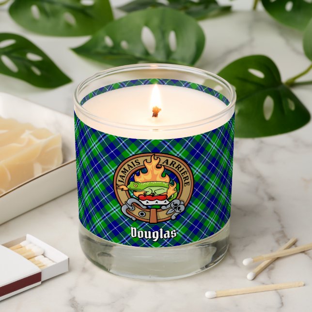 Clan Douglas Crest over Tartan Scented Candle (Lit)