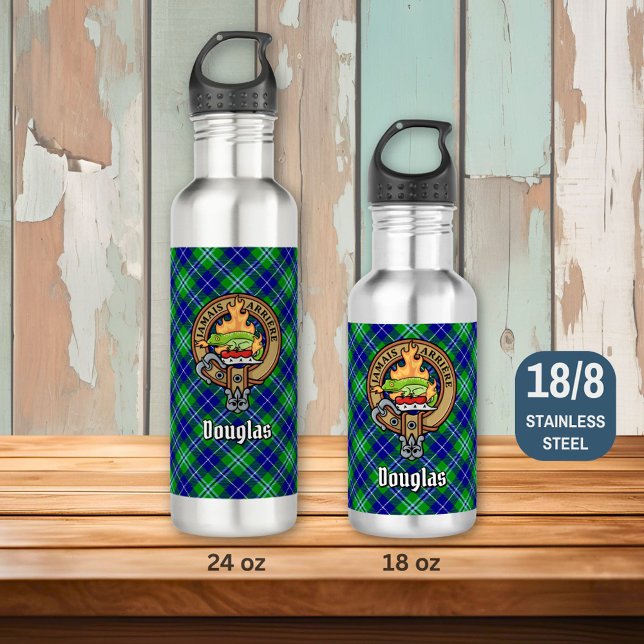 Clan Douglas Crest over Tartan Stainless Steel Water Bottle (Creator Uploaded)