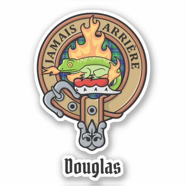 Clan Douglas Crest over Tartan Sticker (Front)