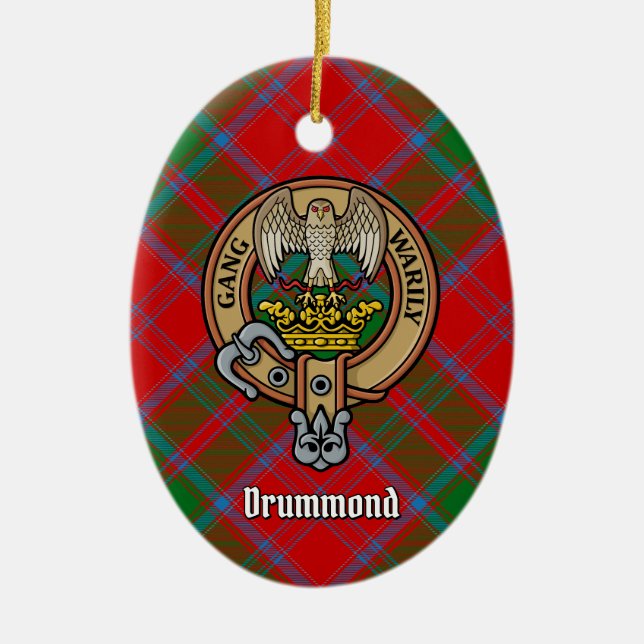 Clan Drummond Crest over Tartan Ceramic Ornament (Front)