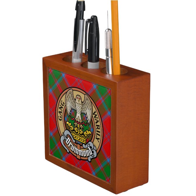 Clan Drummond Crest over Tartan Desk Organizer (In Situ)