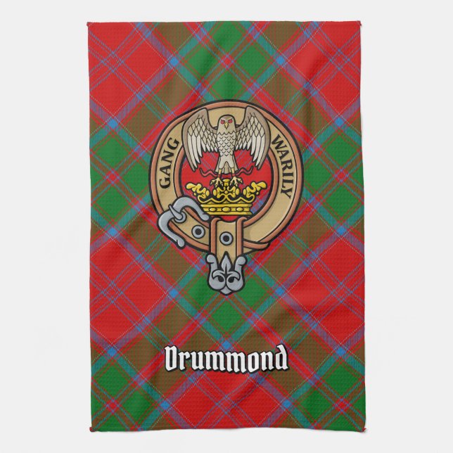Clan Drummond Crest over Tartan Kitchen Towel (Vertical)