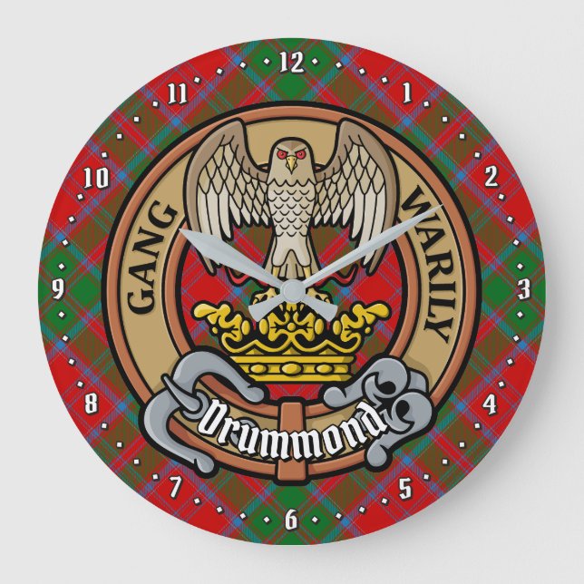 Clan Drummond Crest over Tartan Large Clock (Front)