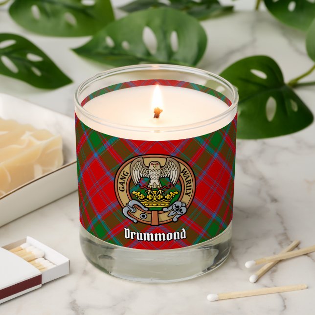 Clan Drummond Crest over Tartan Scented Candle (Lit)