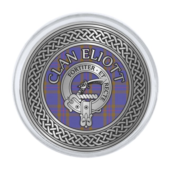 Clan Eliott Crest & Tartan Knot Silver Finish Lapel Pin (Front)