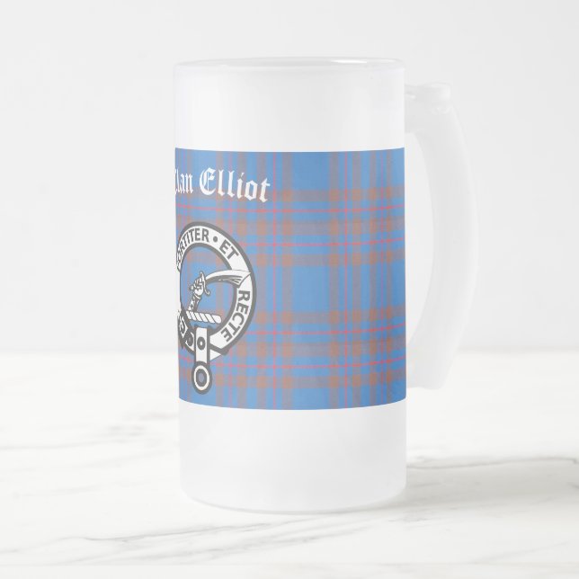 Clan Elliot Crest Badge & Tartan  Frosted Glass Beer Mug (Front Right)