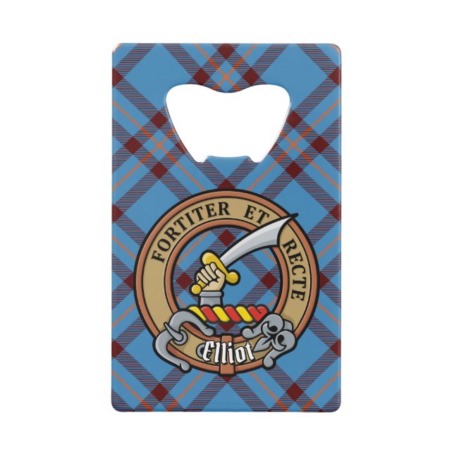 Clan Elliot Crest over Ancient Tartan Credit Card Bottle Opener (Front)
