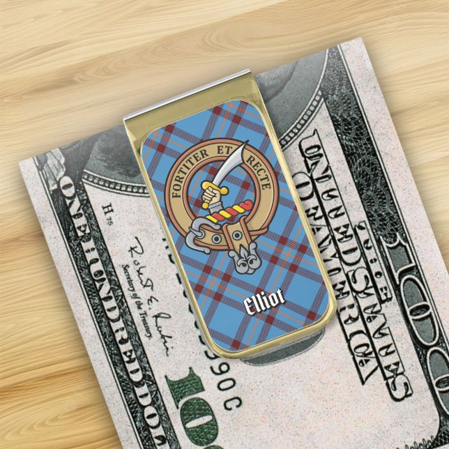 Clan Elliot Crest over Ancient Tartan Gold Finish Money Clip (Creator Uploaded)