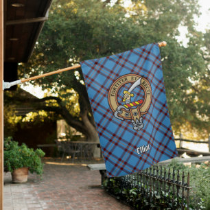 Clan Elliot Crest over Ancient Tartan House Flag