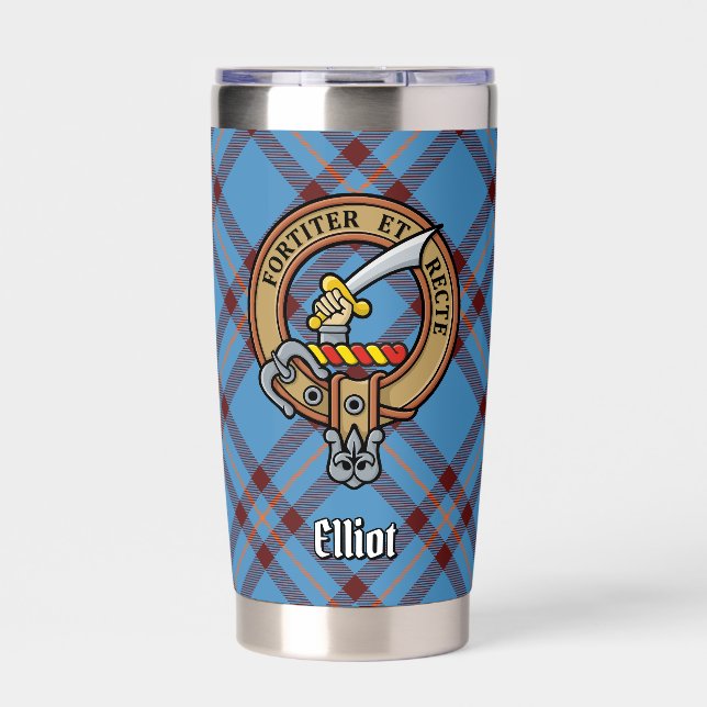 Clan Elliot Crest over Ancient Tartan Insulated Tumbler (Front)