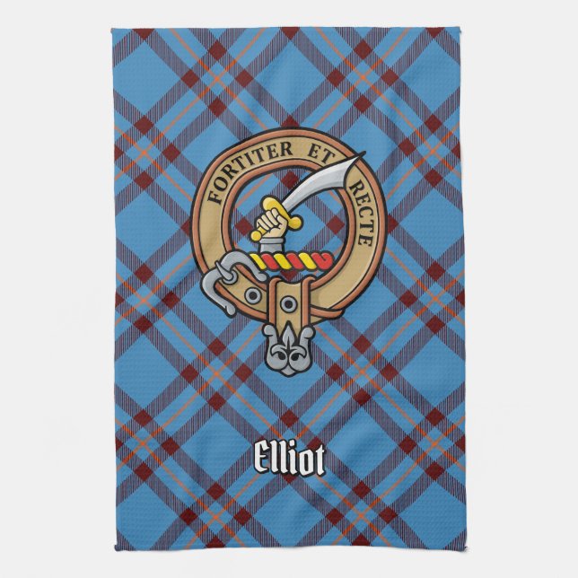 Clan Elliot Crest over Ancient Tartan Kitchen Towel (Vertical)