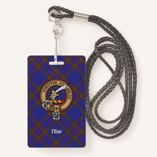Clan Elliot Crest over Modern Tartan Badge (Front with Lanyard)