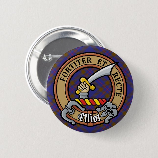 Clan Elliot Crest over Modern Tartan Button (Front & Back)