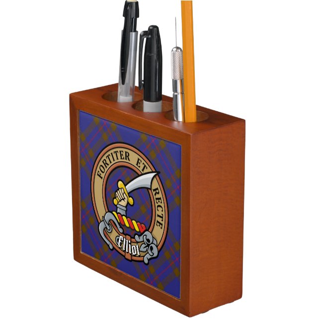 Clan Elliot Crest over Modern Tartan Desk Organizer (In Situ)