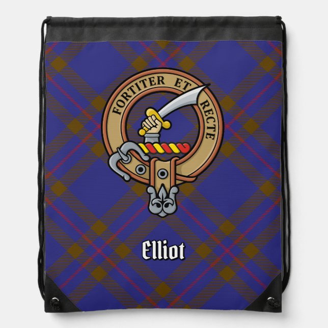Clan Elliot Crest over Modern Tartan Drawstring Bag (Front)