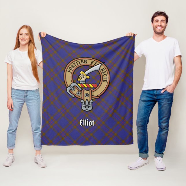 Clan Elliot Crest over Modern Tartan Fleece Blanket (In Situ)