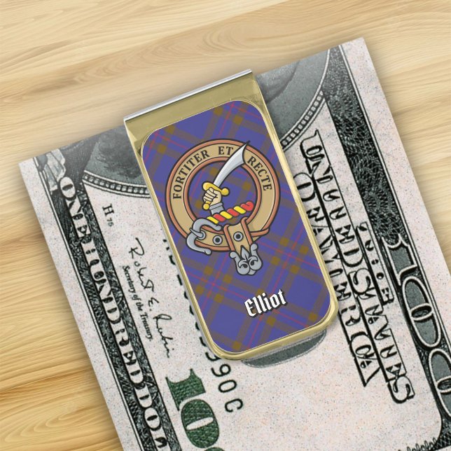 Clan Elliot Crest over Modern Tartan Gold Finish Money Clip (Creator Uploaded)