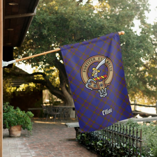 Clan Elliot Crest over Modern Tartan House Flag (In SItu)