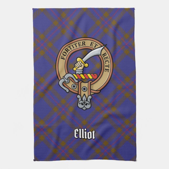 Clan Elliot Crest over Modern Tartan Kitchen Towel (Vertical)