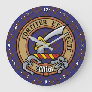 Clan Elliot Crest over Modern Tartan Large Clock