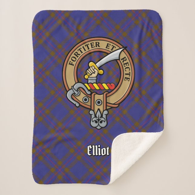 Clan Elliot Crest over Modern Tartan Sherpa Blanket (Front)