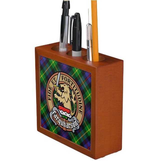 Clan Farquharson Crest over Tartan Desk Organizer (In Situ)